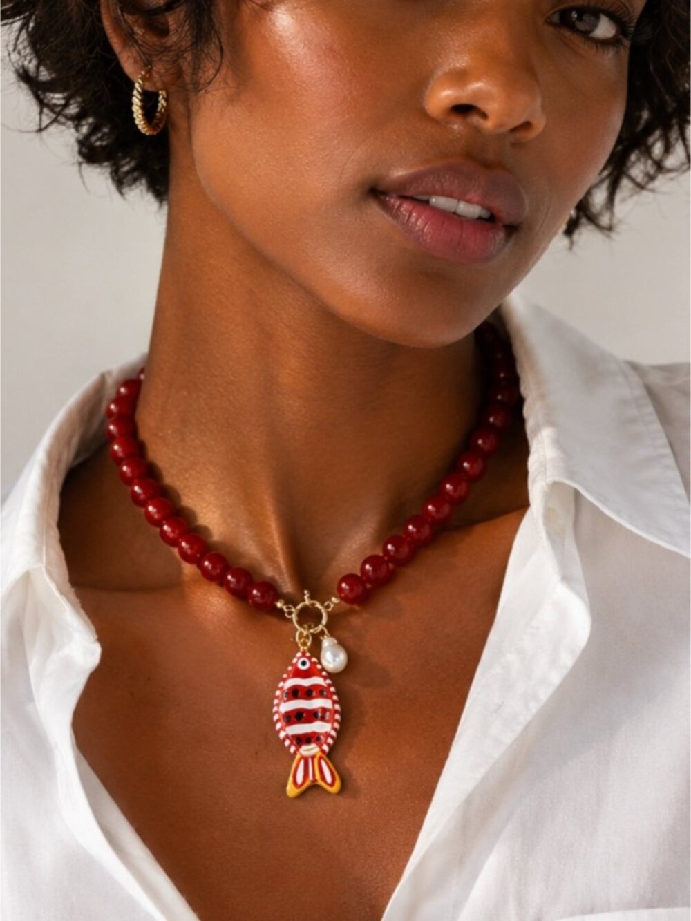 New! Coastal Colorful Red Beaded Fish Dopamine Necklace NWOT